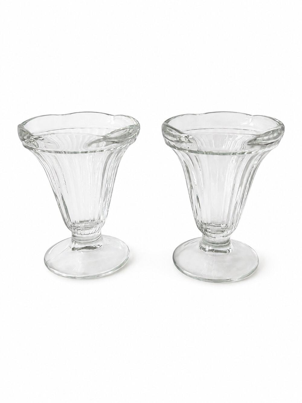 Vintage Clear Pressed Glass Footed Sundae Dessert Dishes Scalloped Rim Pair
